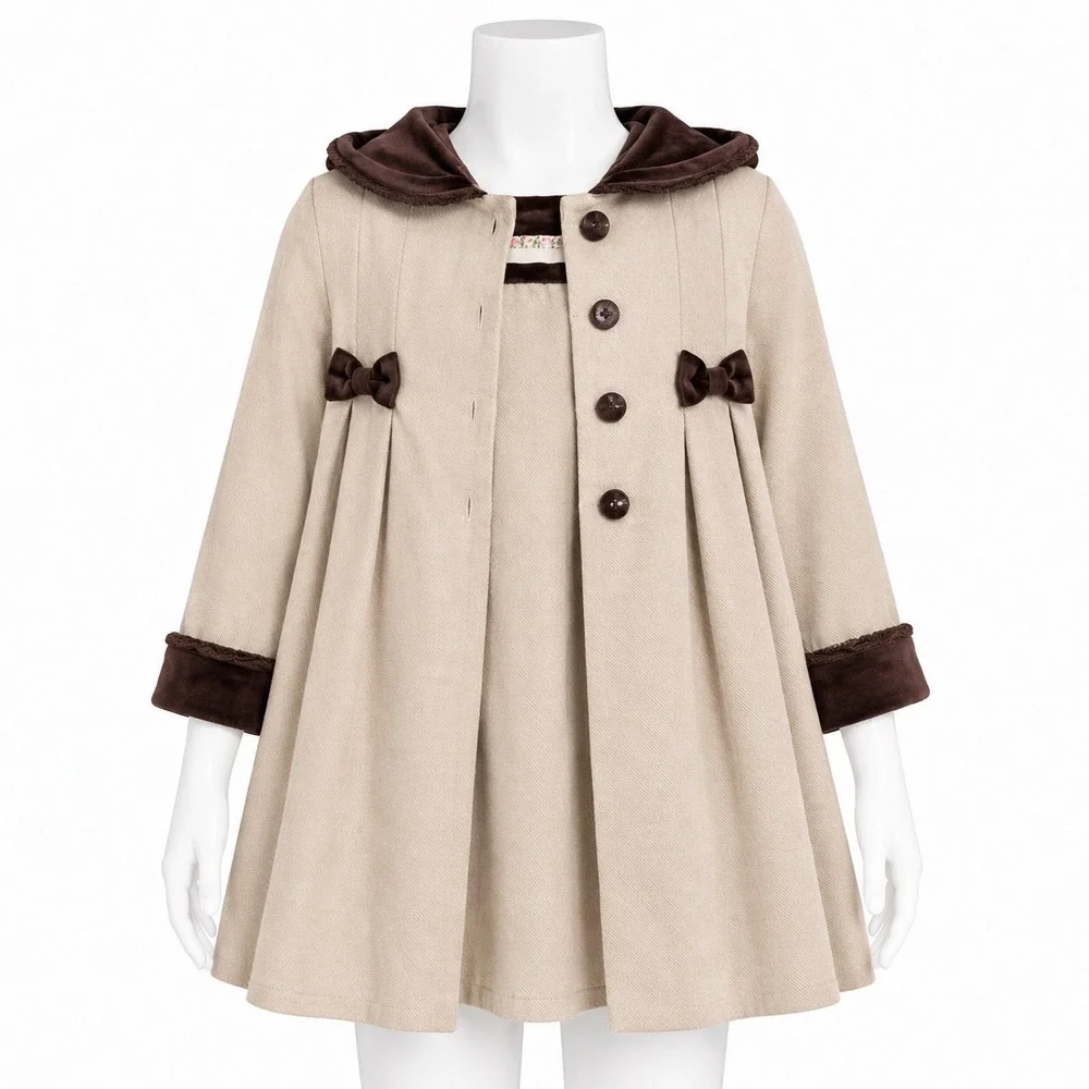 Little Bitty Girls Dress Coat 4T Velvet Trim Holiday Princess Jacket Beige Brown